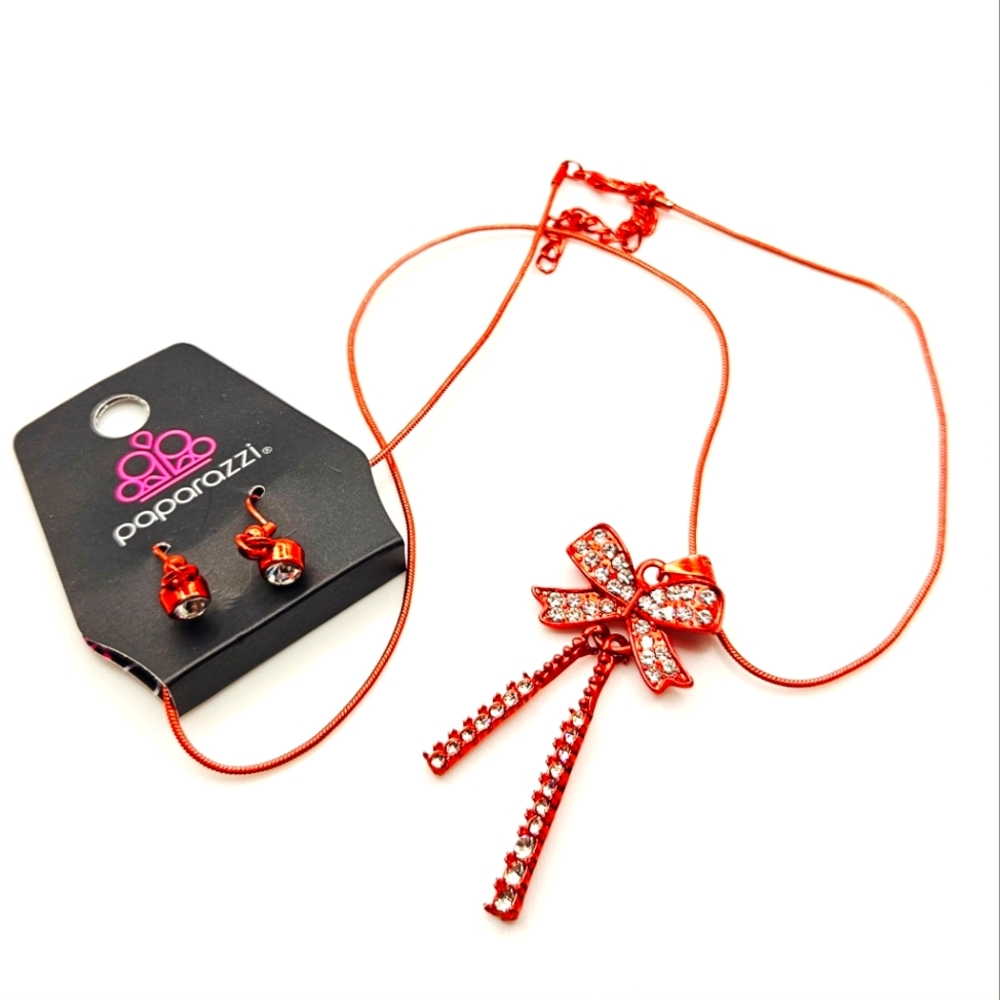 Papparazzi Ready Radiance Red Bow Necklace Earring Set NWT